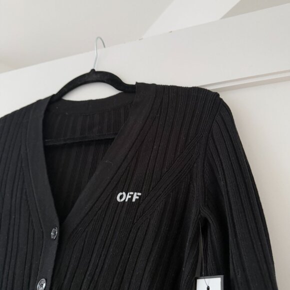 NWT Off-White Logo Cardigan Sweater Black Sz 42 Cropped Rib Knit Elbow Cut-out - Picture 5 of 7